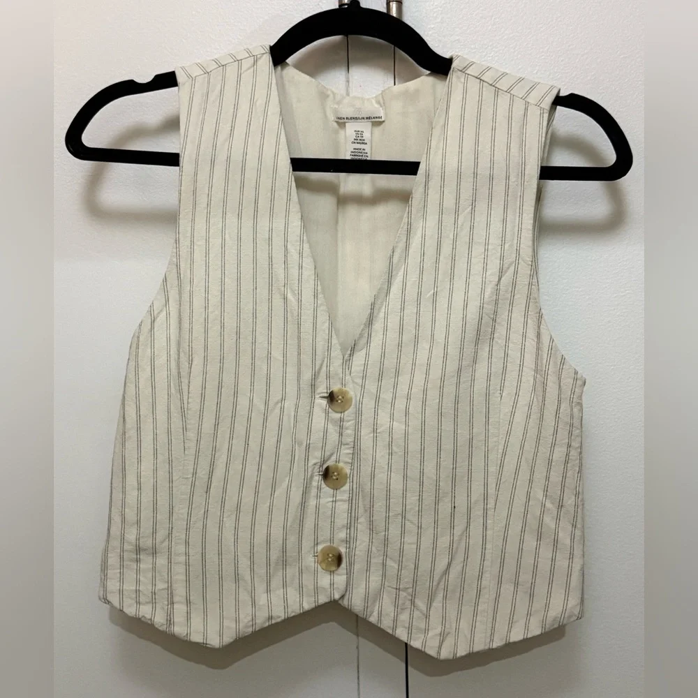 H&M Linen Blend Pinstripe Vest Neutral Minimalist Waistcoat XS - Picture 1 of 3